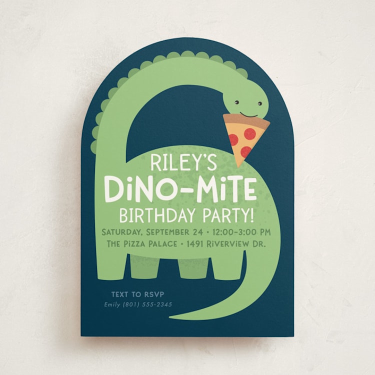 "Arched Dinosaur" - Children's Birthday Party Invitations in Leaf by Kacey Kendrick Wagner - Front