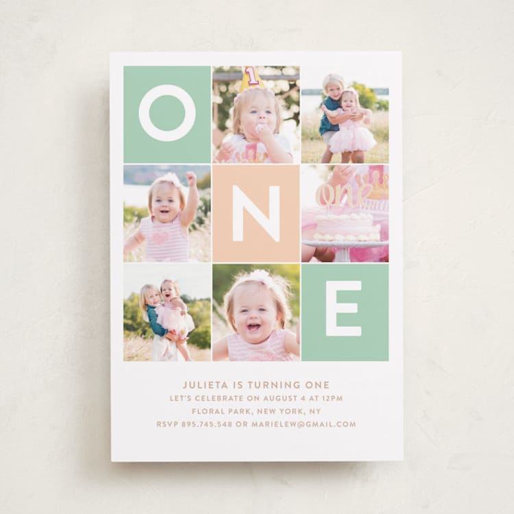 "Simply One" - Children's Birthday Party Invitations in Seafoam by Joanne James - Front
