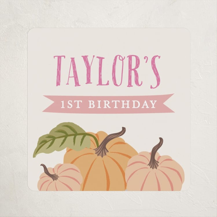 "Autumn Pumpkin" - Children's Birthday Party Stickers in Peach by Karidy Walker - Front