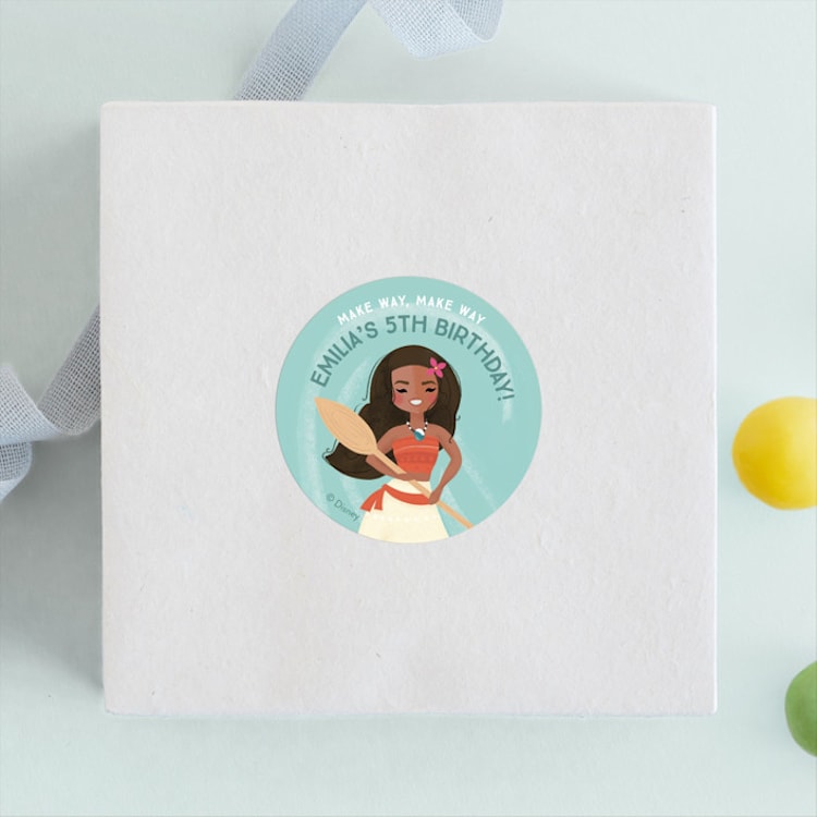 "Disney's Moana Make Way, Make Way" - Children's Birthday Party Stickers in Shell by Itsy Belle Studio - Front