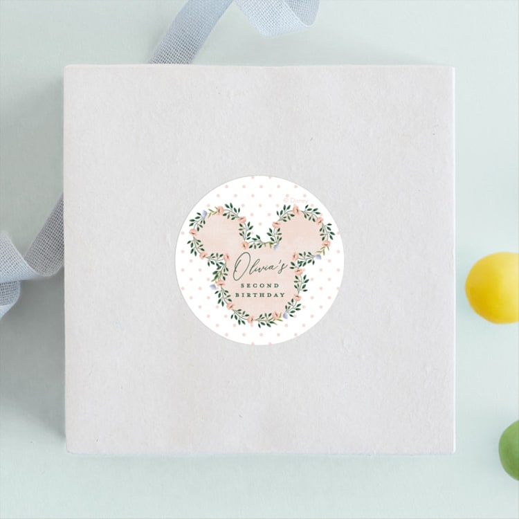 "Disney's Minnie wildflower" - Children's Birthday Party Stickers in Clementine by Susan Zinader - Front