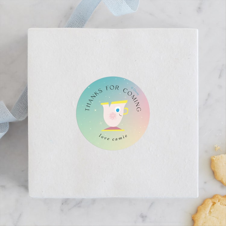 "Belle from Disney's Beauty And The Beast" - Children's Birthday Party Stickers in Teal by lori jacobs wemple - Front