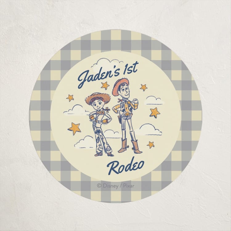 "Disney and Pixar's Woody and Jessie Toy Story 2 Rodeo" - Children's Birthday Party Stickers in Bluebell by Becky Nimoy - Front