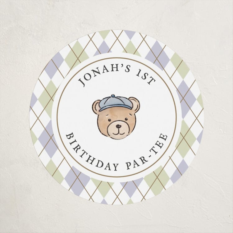 "Beary First Par-Tee" - Children's Birthday Party Stickers in Sage by Becky Nimoy - Front