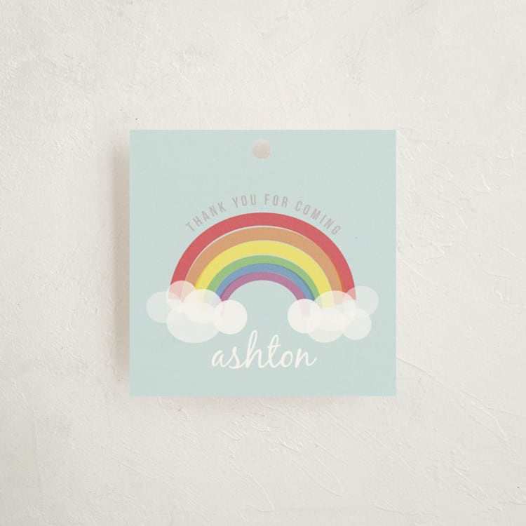 "Rainbow Celebration" - Children's Birthday Party Favor Tags in Soft Teal by Angela Garrick - Front