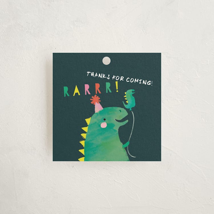 "Dinosaur Balloon" - Children's Birthday Party Favor Tags in Teal by Lori Wemple - Front