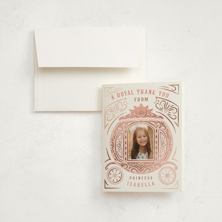 "Princess Carriage" - Foil-Pressed Children's Birthday Party Thank You Cards in Ballerian Pink by Paper Sun Studio - Front