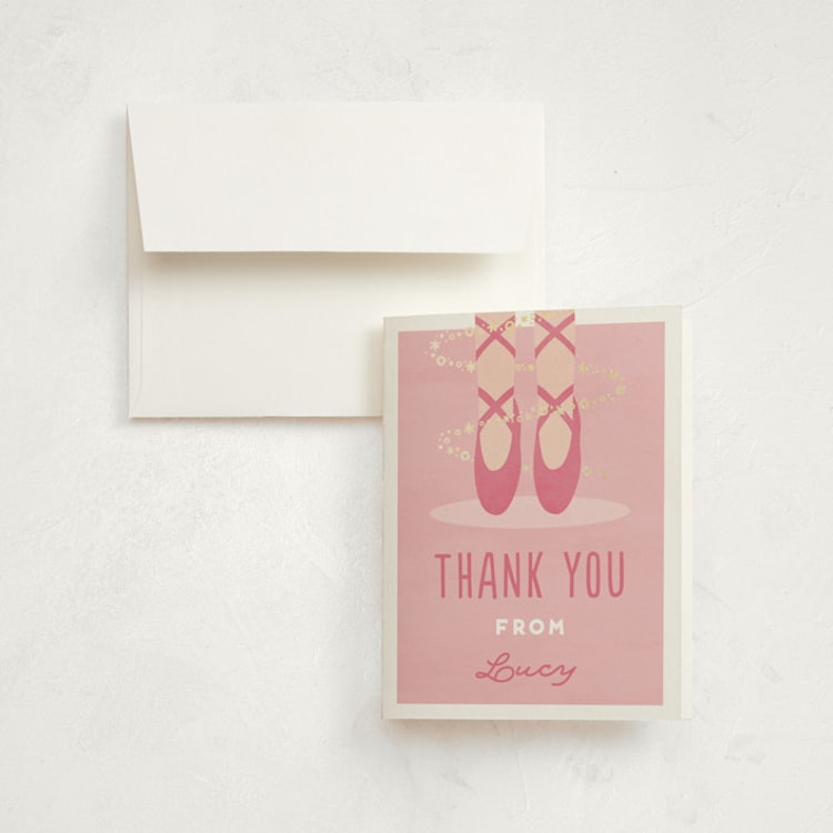 "Let's Plie" - Foil-Pressed Children's Birthday Party Thank You Cards in Bubblegum by Jen Banks - Front