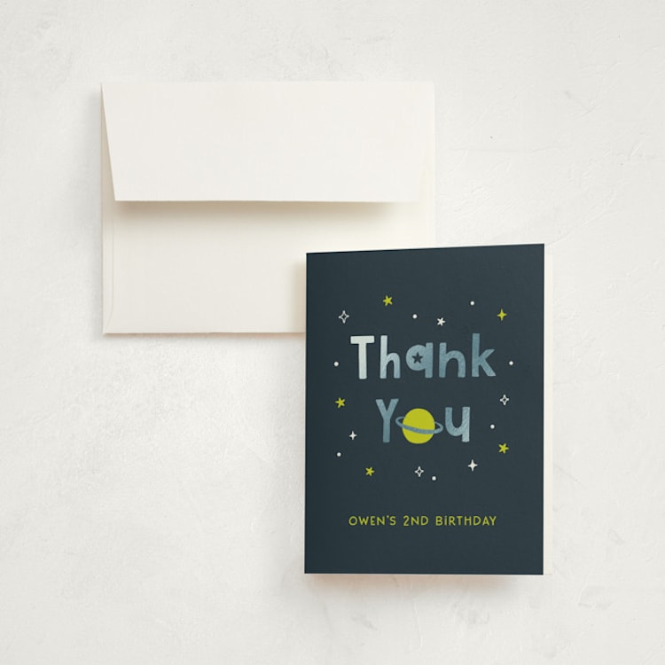 "Two the moon" - Foil-Pressed Children's Birthday Party Thank You Cards in Midnight by Annie Holmquist - Front