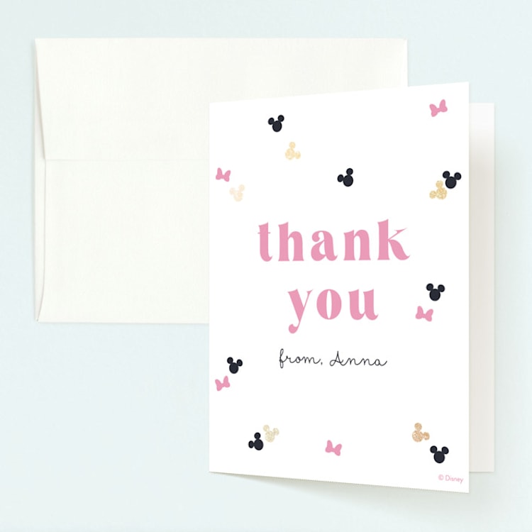 "Disney's Minnie Mouse Confetti" - Foil-Pressed Children's Birthday Party Thank You Cards in Peony by Annie Holmquist - Front