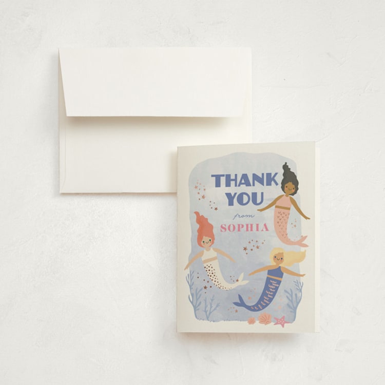 "lets be mermaid" - Foil-Pressed Children's Birthday Party Thank You Cards in Lake by Karidy Walker - Front