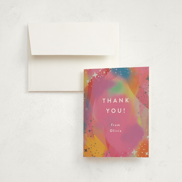 "Galaxy Rainbow" - Foil-Pressed Children's Birthday Party Thank You Cards in Candy by Katie Zimpel - Front