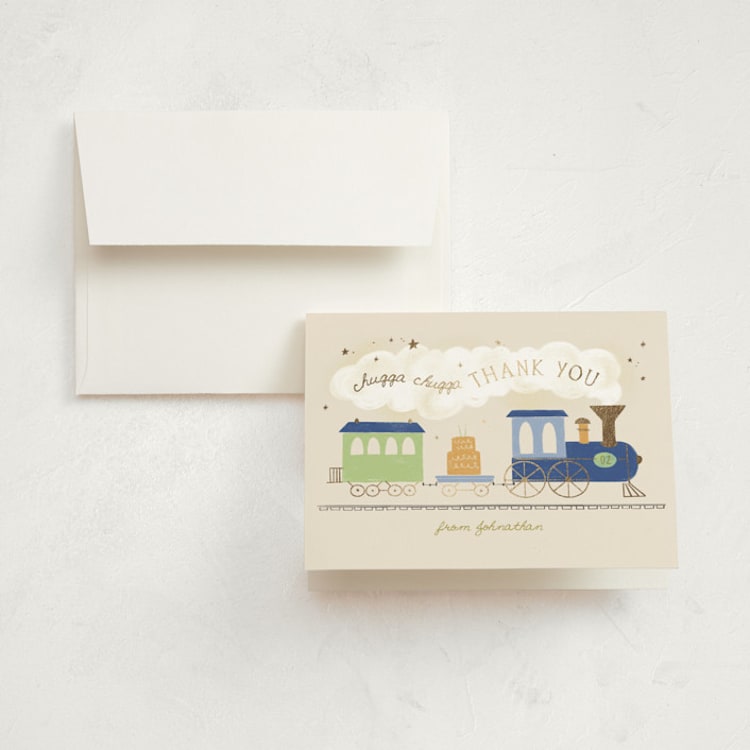 "Chugga Chugga Two Two" - Foil-Pressed Children's Birthday Party Thank You Cards in Cream by Kiersten Garner - Front