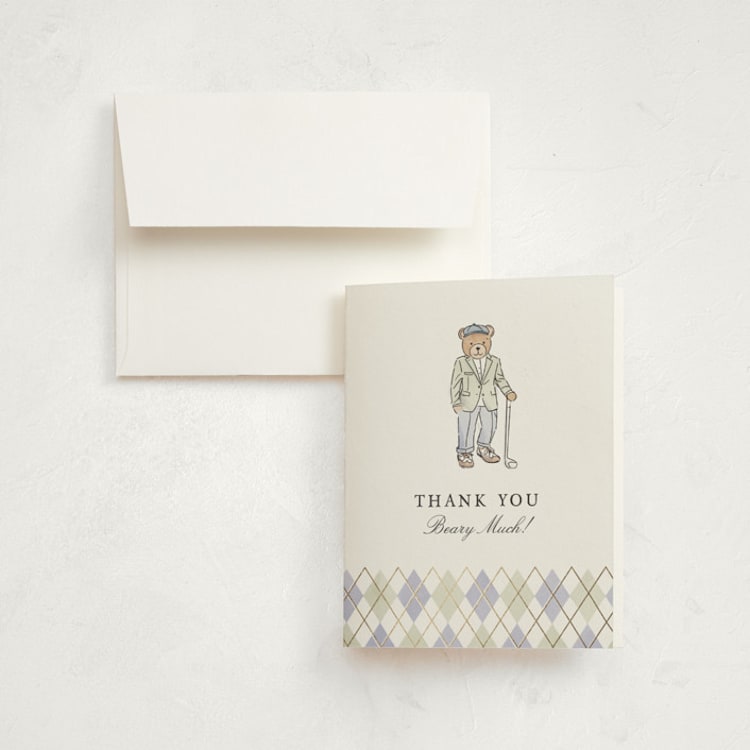 "Beary First Par-Tee" - Foil-Pressed Children's Birthday Party Thank You Cards in Sage by Becky Nimoy - Front