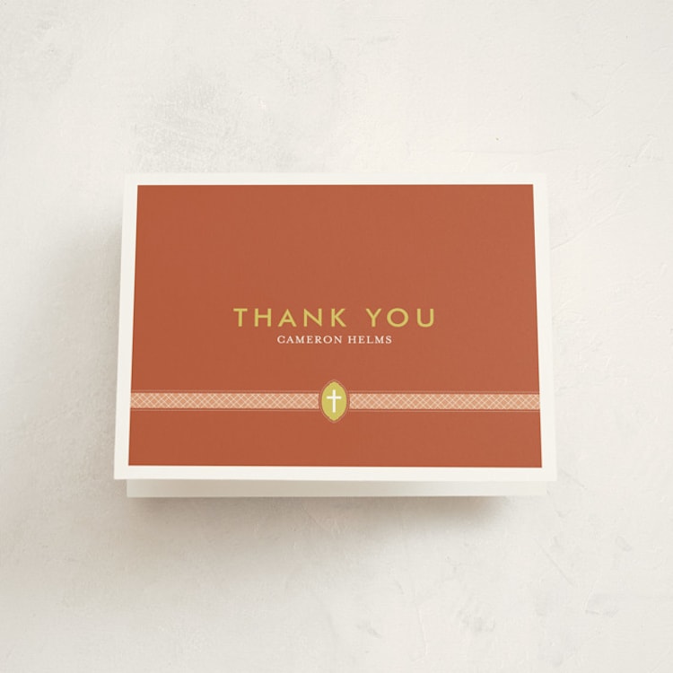 "Ribbon & Cross" - Confirmation Thank You Cards in Terracotta by Dish and Spoon - Front