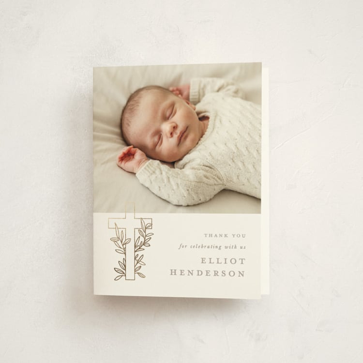 "Gilded cross" - Foil-Pressed Baptism and Christening Thank You Cards in Sand by Creo Study - Front
