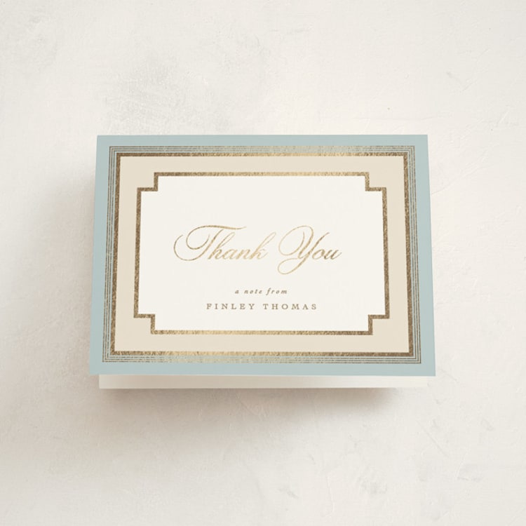 "Delicate Frame" - Foil-Pressed Baptism and Christening Thank You Cards in Sky by Robert and Stella - Front