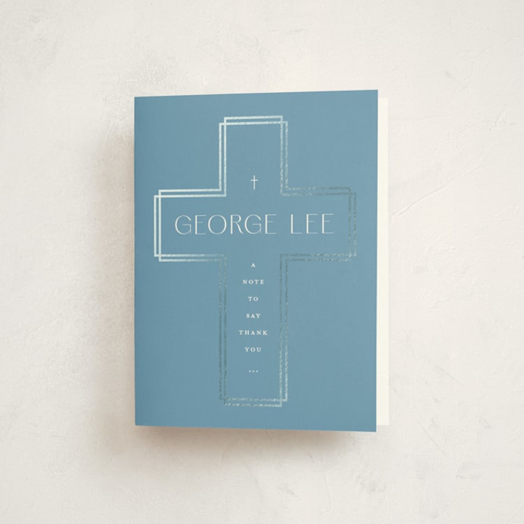 "Modern Heirloom" - Foil-Pressed Baptism and Christening Thank You Cards in Glacier by Lauren Chism - Front