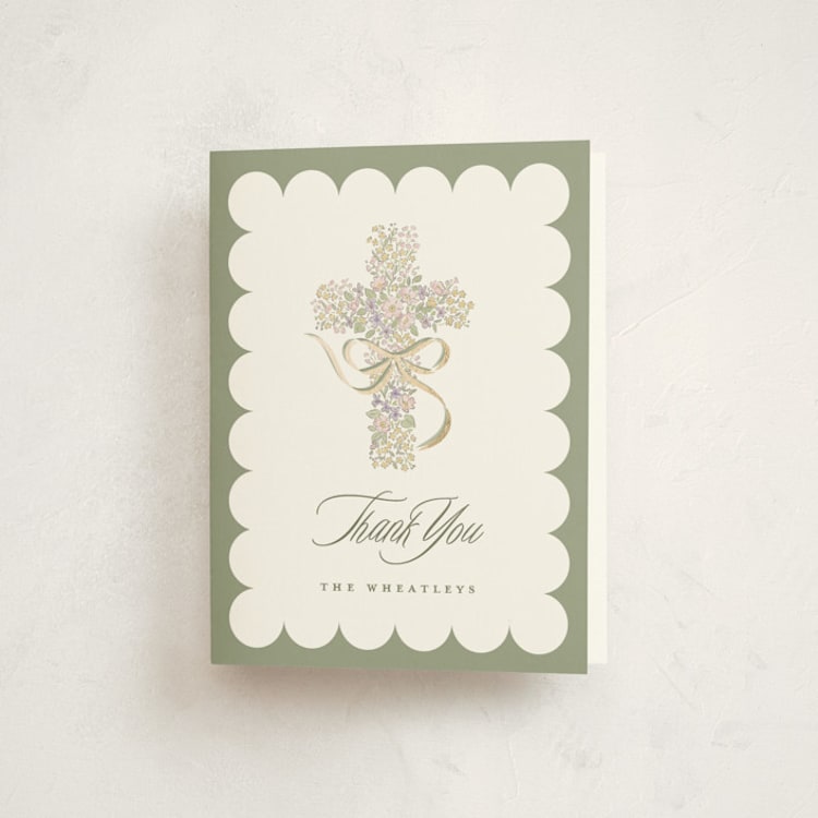 "Cottage Garden" - Foil-Pressed Baptism and Christening Thank You Cards in Sage by Corinne Malesic - Front