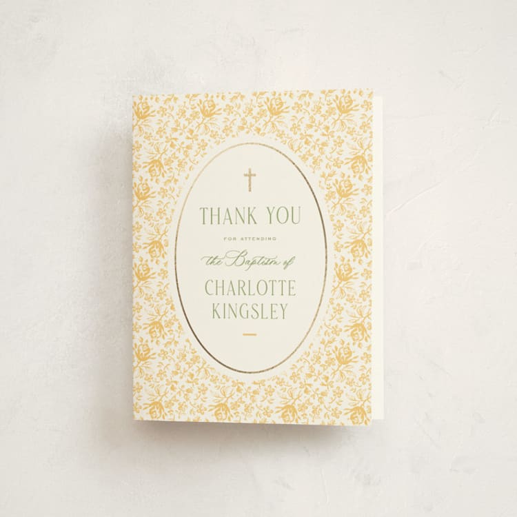 "Calico" - Foil-Pressed Baptism and Christening Thank You Cards in Daffodil by Heather Schertzer - Front