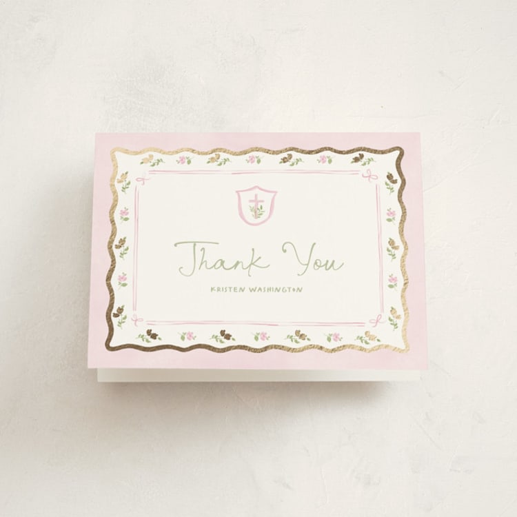 "Preppy garden" - Foil-Pressed Baptism and Christening Thank You Cards in Watermelon by Creo Study - Front