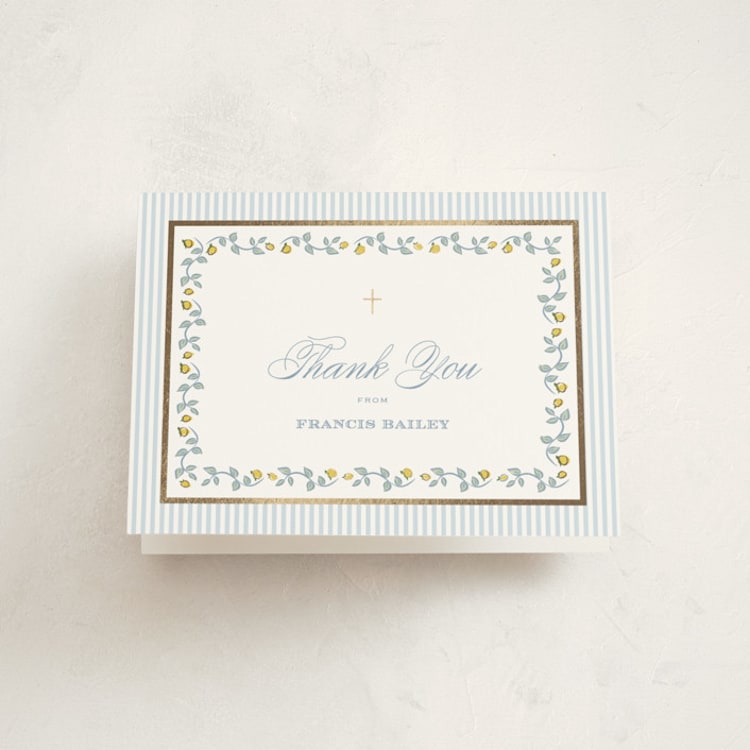 "Lemon Stripes" - Foil-Pressed Baptism and Christening Thank You Cards in Sky by Carolyn MacLaren - Front