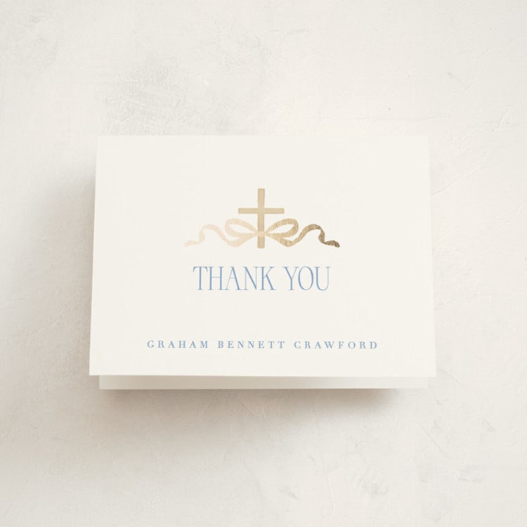 "Ribbon and Cross" - Foil-Pressed Baptism and Christening Thank You Cards in Celestial by Olivia Raufman - Front
