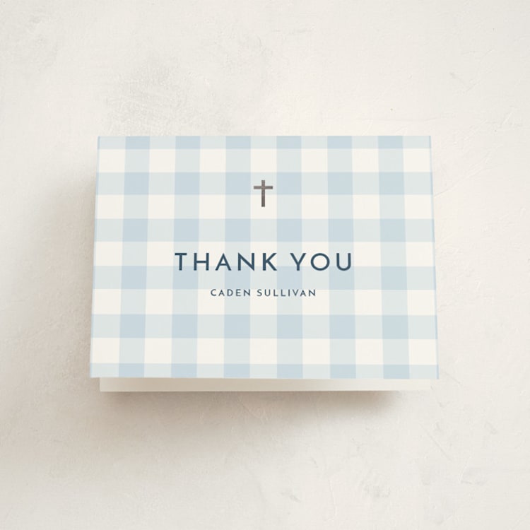 "Sweetest gingham" - Foil-Pressed Baptism and Christening Thank You Cards in Sky by Stacey Meacham - Front