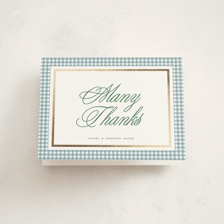 "Mini Gingham" - Foil-Pressed Baptism and Christening Thank You Cards in Pond by Kelly Watkins - Front