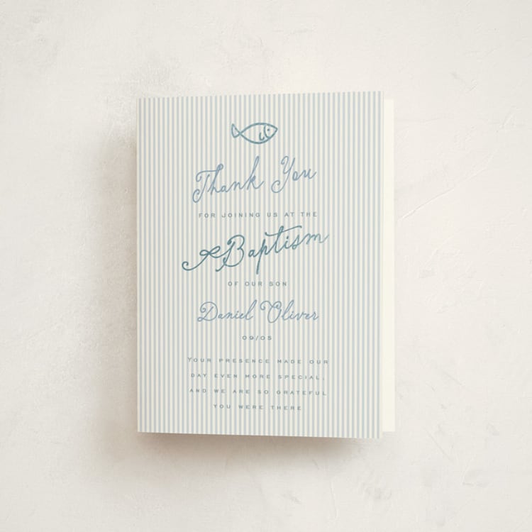 "Baptism Stripes" - Foil-Pressed Baptism and Christening Thank You Cards in Ocean by Sherley Ferreira - Front