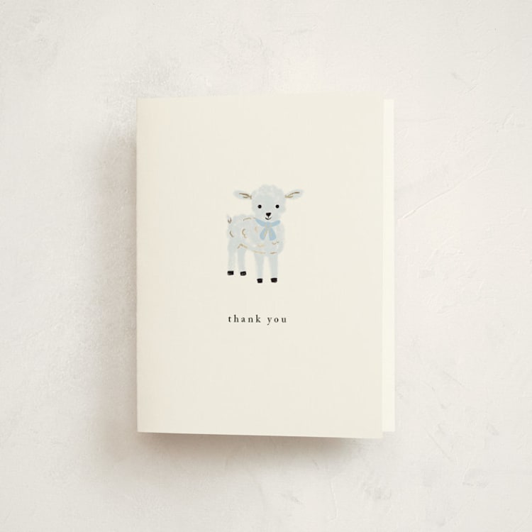 "Little Lamb" - Foil-Pressed Baptism and Christening Thank You Cards in Sky by mo kelley - Front