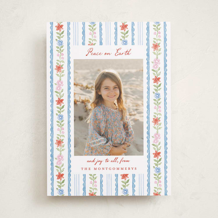 "Poinsettia Stripe" - Holiday Cards in Hydrangea by Sarah Knight - Front