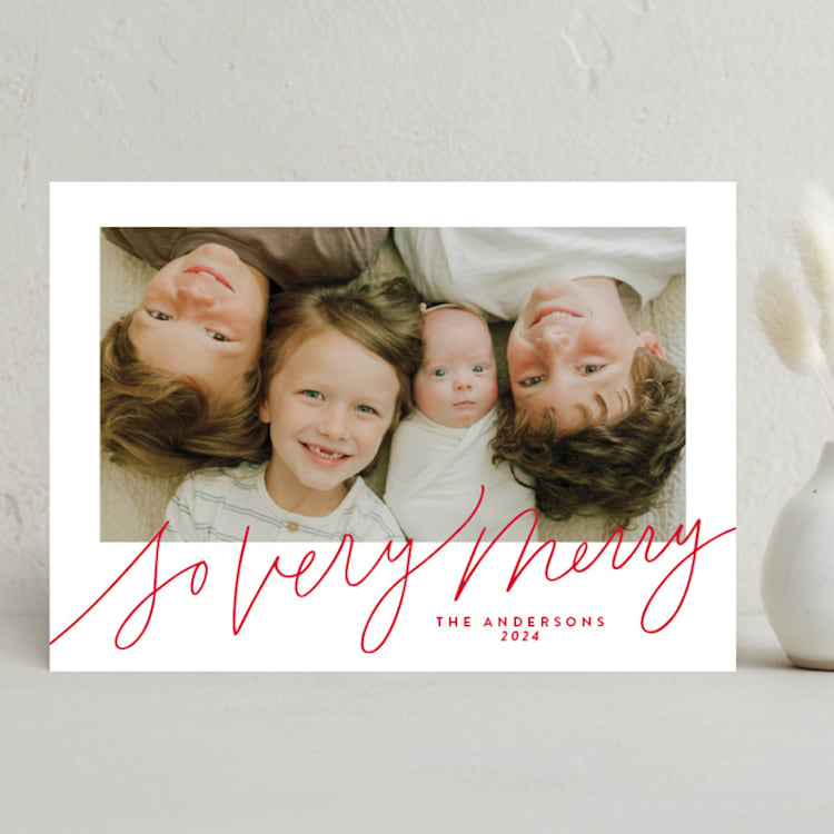 "So Very Merry Script" - Holiday Cards in Santa Suit by Kristen Magee - Front