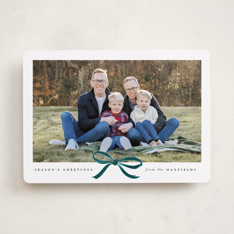 "Crimson Bow" - Holiday Cards in Blue Velvet by Olivia Kanaley Inman - Front