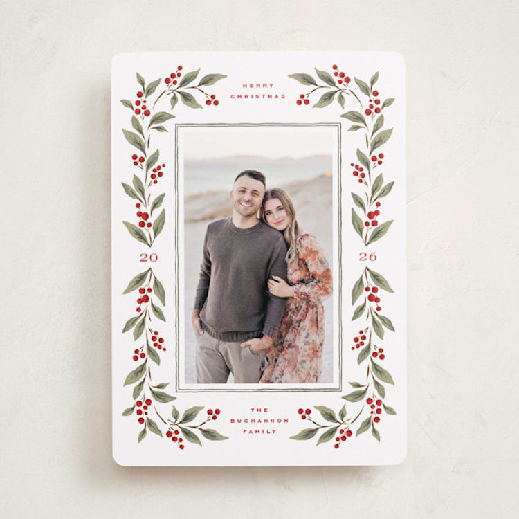 "Poinsettia + Pine" - Holiday Cards in Mistletoe by Wildfield Paper Co - Front