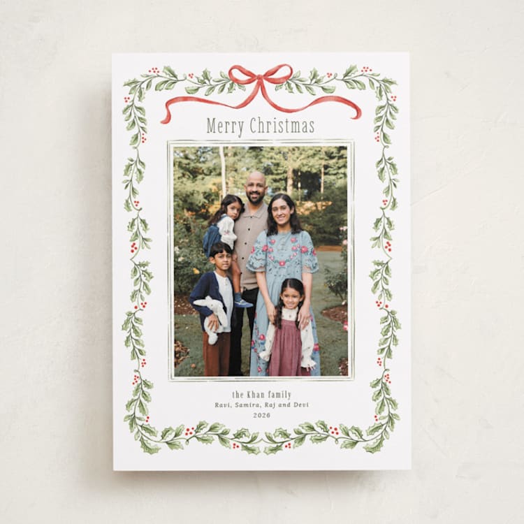 "Holly Garland and Bow" - Holiday Cards in Candy Cane by Paula Pecevich - Front