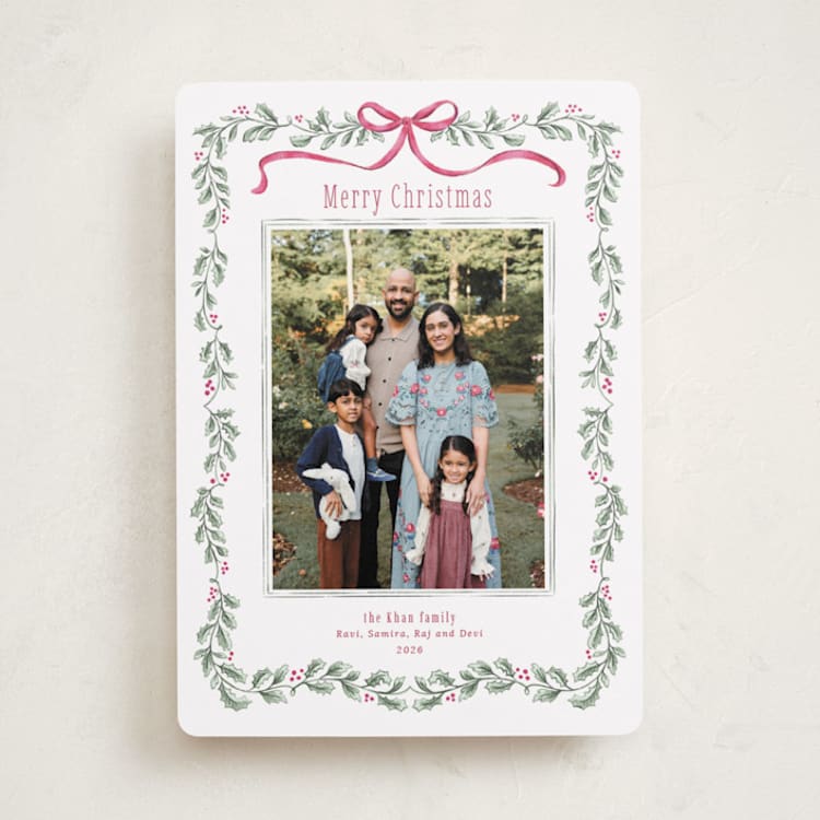 "Holly Garland and Bow" - Holiday Cards in Sugar Plum by Paula Pecevich - Front