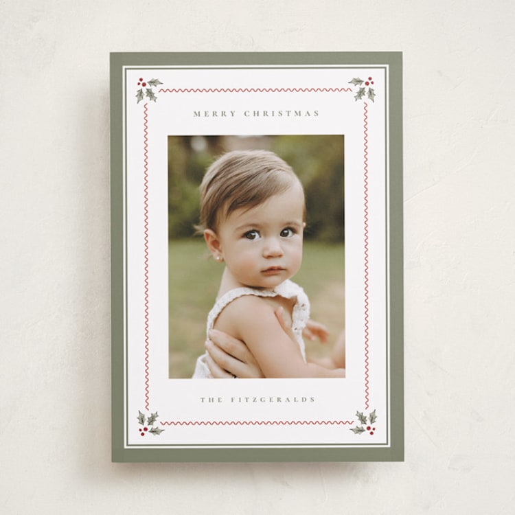 "Holly Berry Border" - Holiday Cards in Sage by Wildfield Paper Co - Front