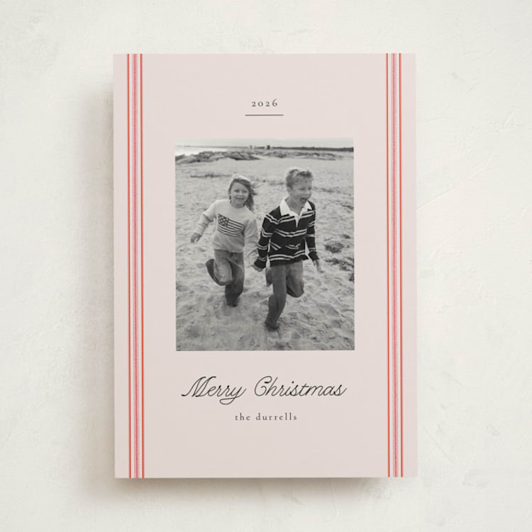 "Ticking Stripe" - Holiday Cards in Poinsettia by Olivia Kanaley Inman - Front