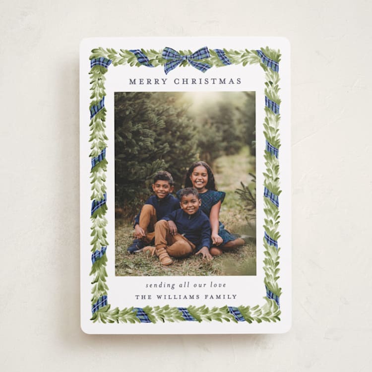 "Plaid Ribbon" - Holiday Cards in Navy by Sarah Knight - Front