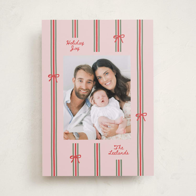 "Bow Stripes" - Holiday Cards in Blush by Lauren Chism - Front