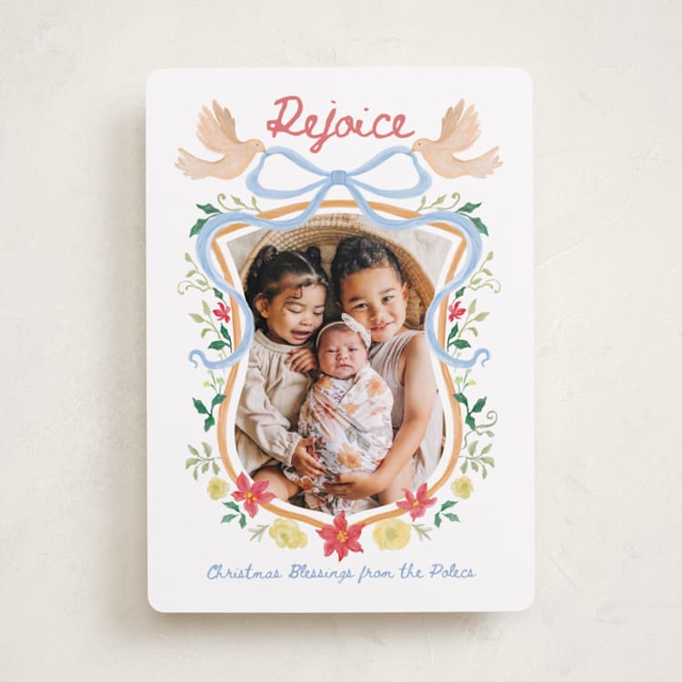 "Rejoice Christmas Crest" - Holiday Cards in Misty by Kim Thoa - Front