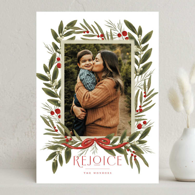 "Snowberry Wreath" - Holiday Cards in Poinsettia by Wildfield Paper Co - Front