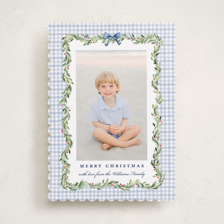 "Gingham Garland" - Holiday Cards in Chambray by Sarah Knight - Front
