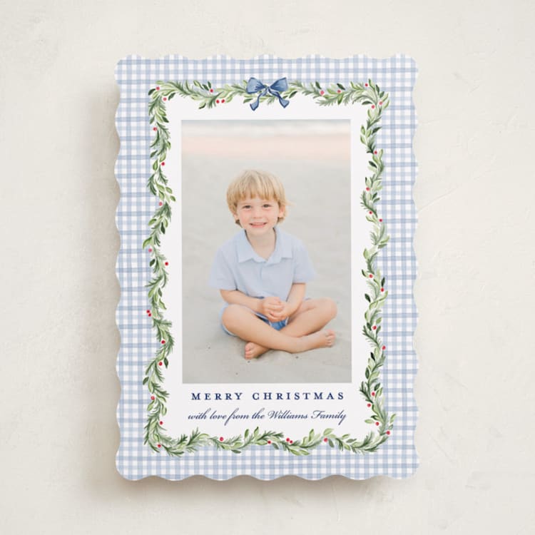 "Gingham Garland" - Holiday Cards in Chambray by Sarah Knight - Front