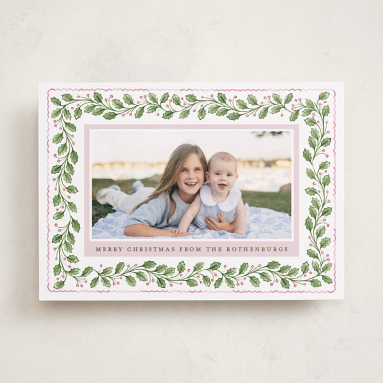 "Holly Ribbons" - Holiday Cards in Powder by Sarah Knight - Front
