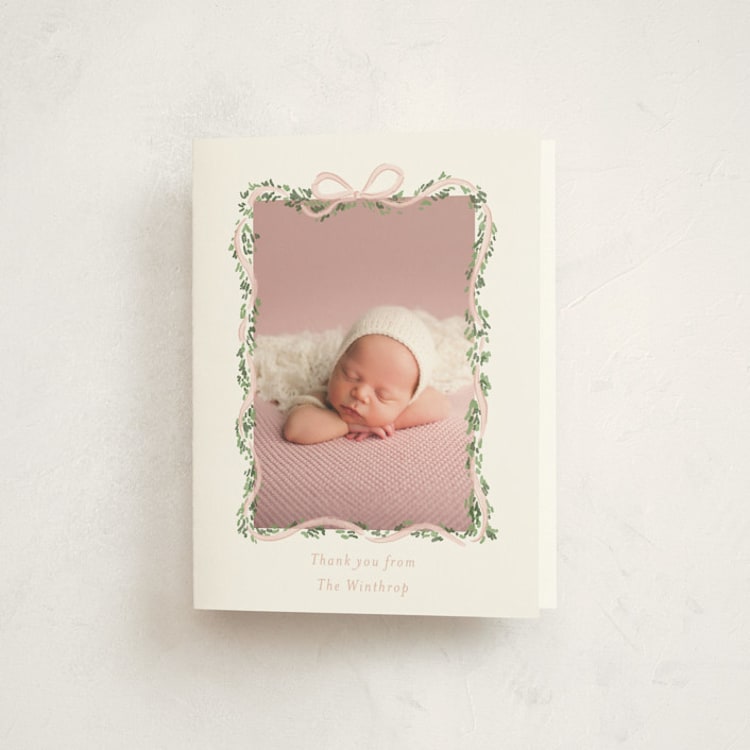 "Ribbonly Frame" - Baptism and Christening Thank You Cards in Blush by Itsy Belle Studio - Front