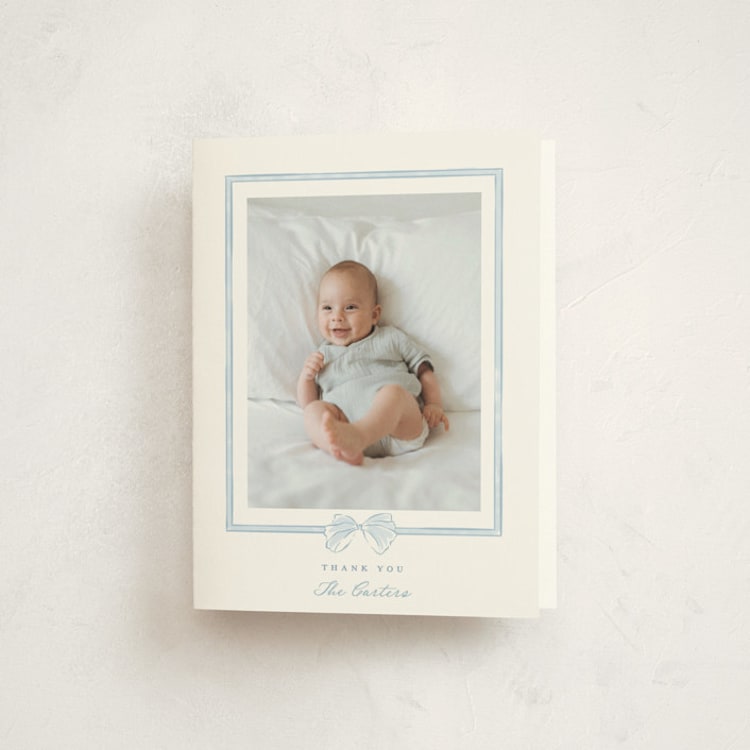 "Bow Frame" - Baptism and Christening Thank You Cards in Lagoon by Leah Bisch - Front