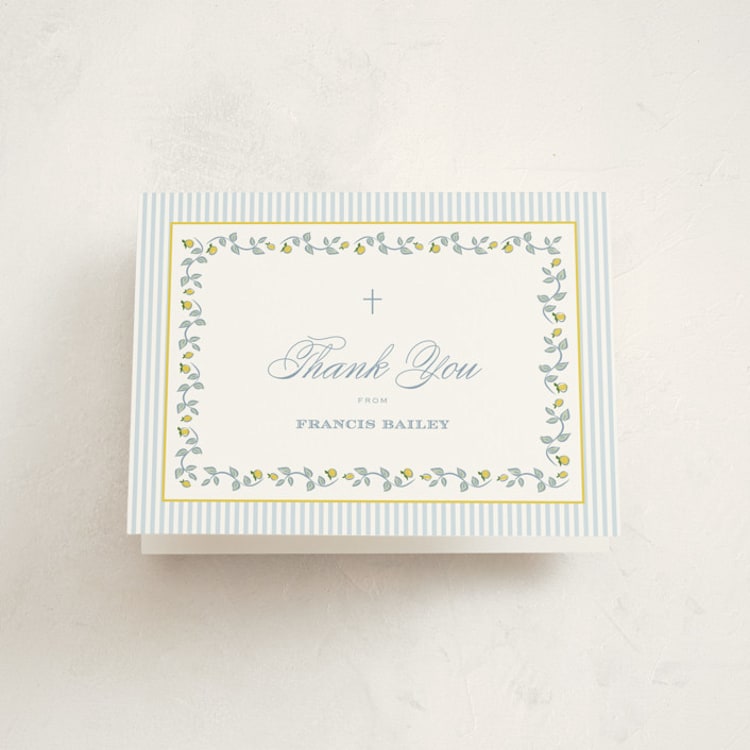 "Lemon Stripes" - Baptism and Christening Thank You Cards in Sky by Carolyn MacLaren - Front