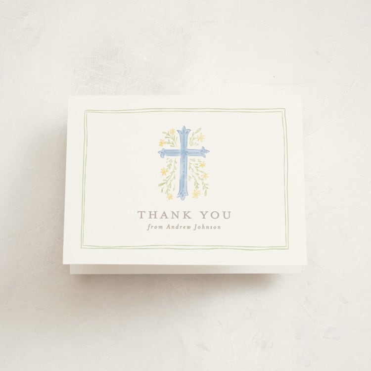 "Botanical Cross" - Baptism and Christening Thank You Cards in Blue Jay by Creo Study - Front
